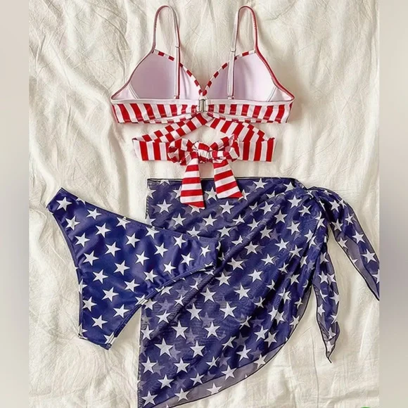 3pc American Flag Star Stripes Push Up Bikini Set with Sarong - Picture 10 of 14